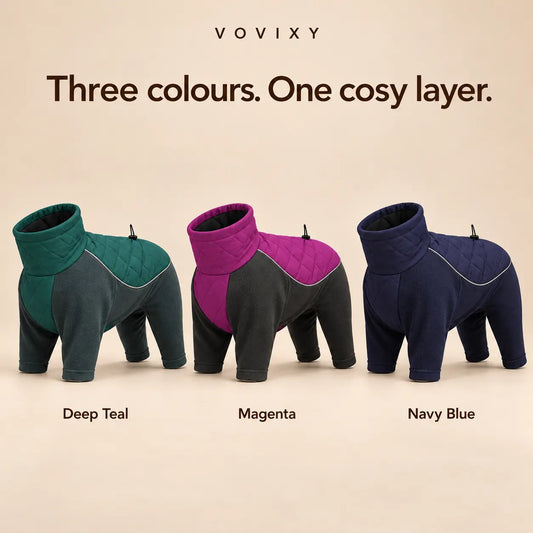 Four leg fleece dog coats in Deep Teal, Magenta and Navy Blue