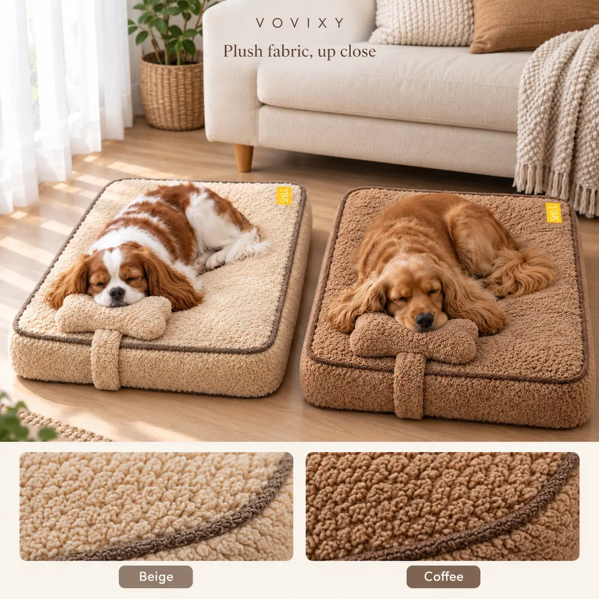 Beige and coffee plush dog beds with sleeping spaniels and close-up views of the fabric