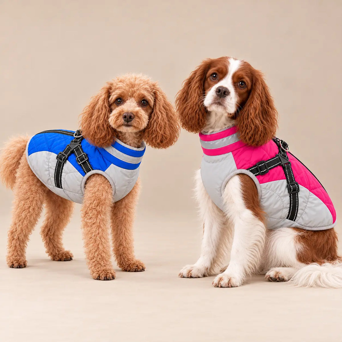 Apricot Poodle in a blue jacket beside a Blenheim Cavalier in the pink colour