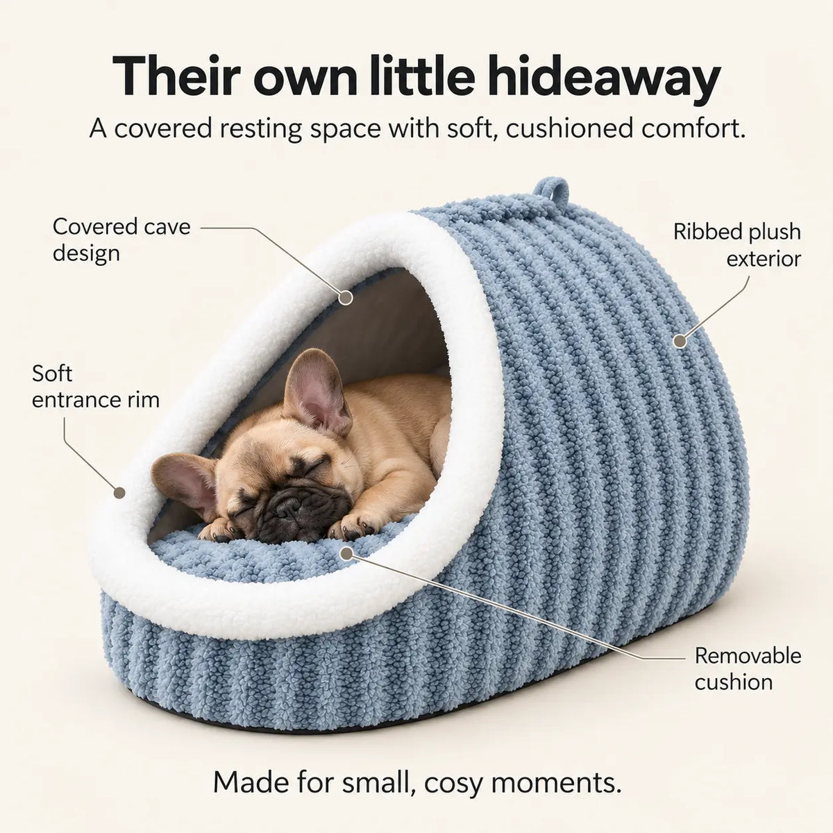 Blue Macaron pet cave bed showing its covered design, ribbed exterior, soft rim and removable cushion