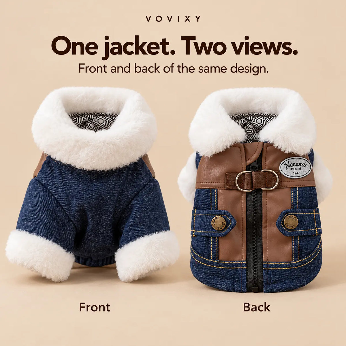 Front and back views of the denim pet jacket showing its plush collar, short sleeves and brown panels