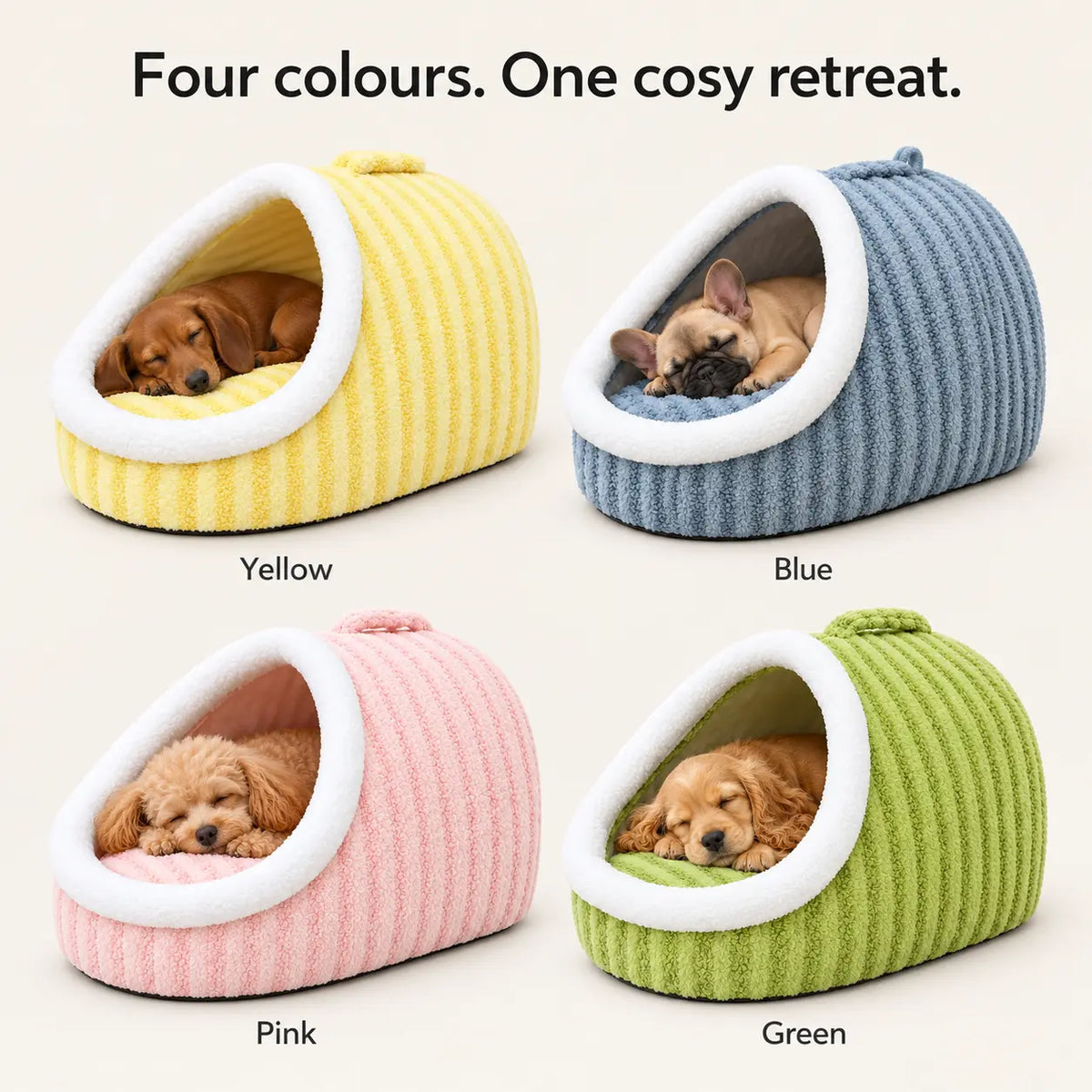 Macaron pet cave beds in Yellow, Blue, Pink and Green with sleeping small dogs