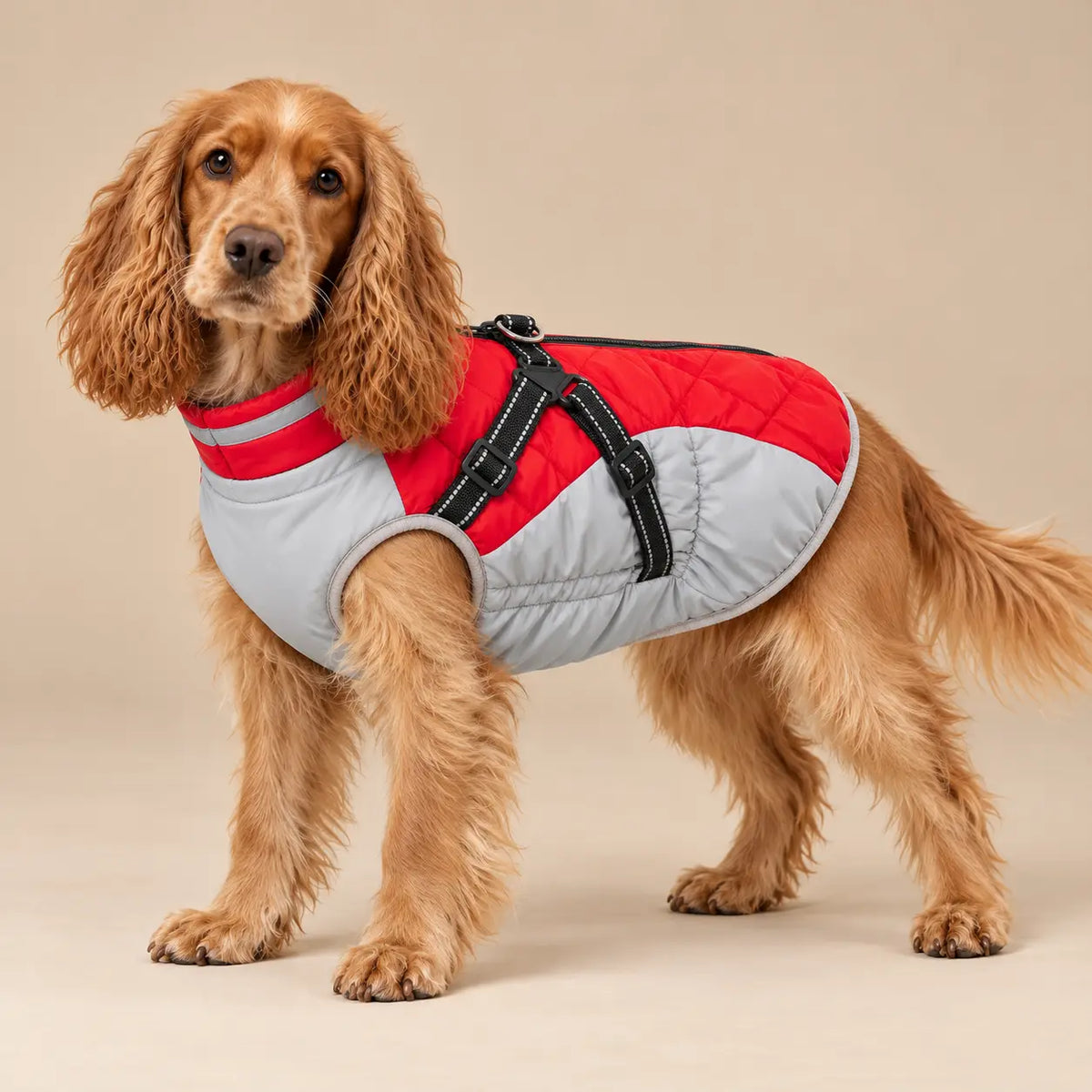 Golden English Cocker Spaniel wearing the red and light-grey fleece-lined dog jacket