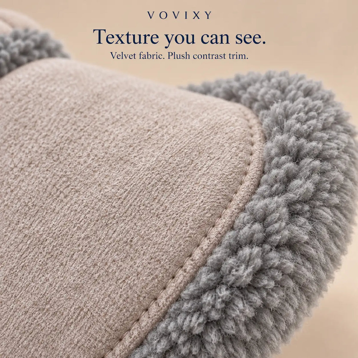 Close-up of Light Brown velvet fabric and grey plush trim on a dog coat