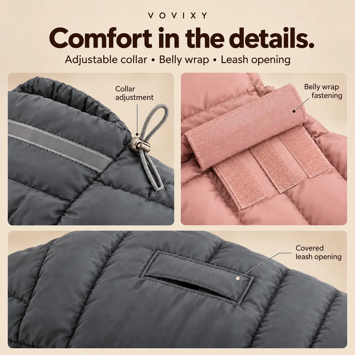 Dog coat details showing the collar cord lock, belly wrap fastening and covered leash opening