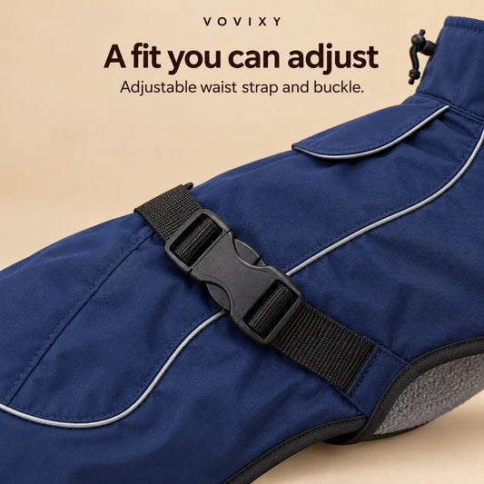 Close-up of the adjustable waist strap and black buckle on the Navy Blue dog windbreaker
