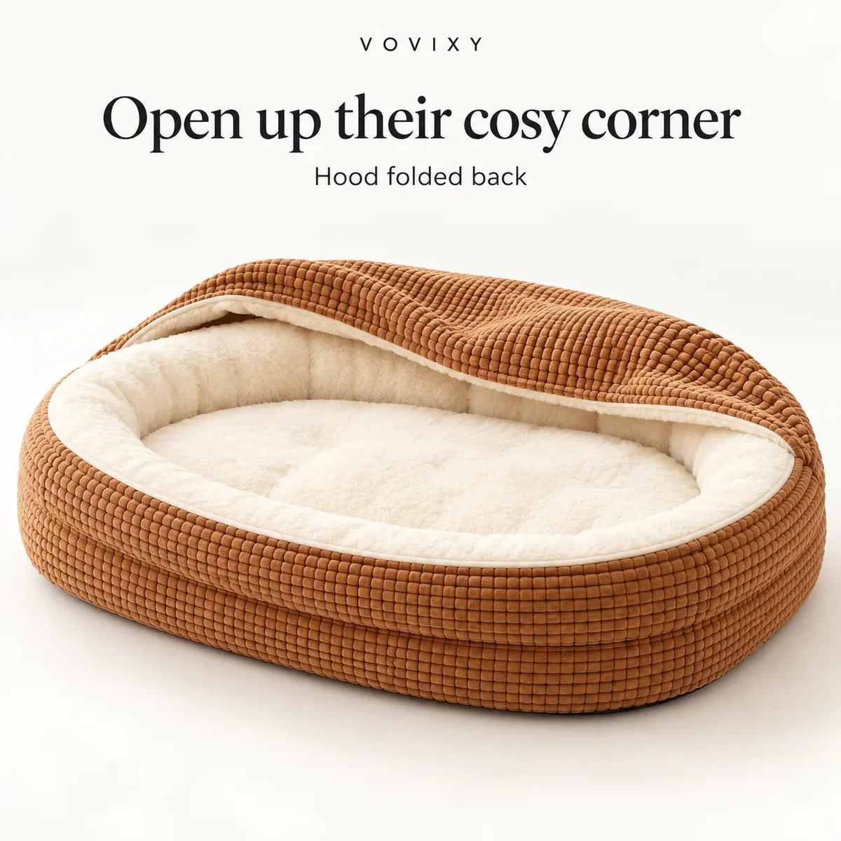 Khaki waffle dog cave bed with the hood folded back to show the open sleeping area