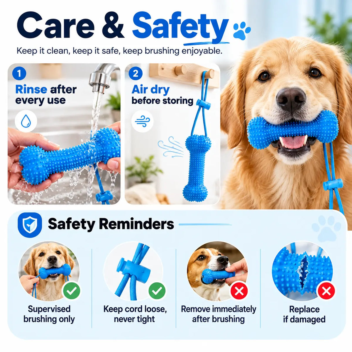BoneGuard Dog Toothbrush Chew Stick with Adjustable Cord