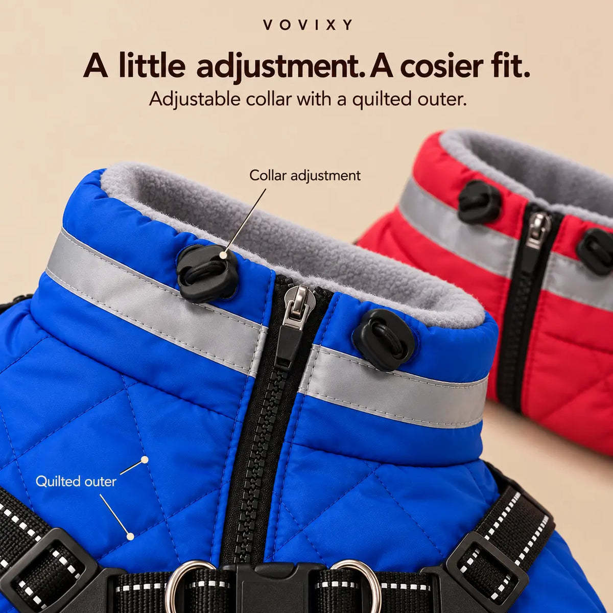 Blue and red dog jacket collars showing the adjustment cords, grey trim and quilted outer