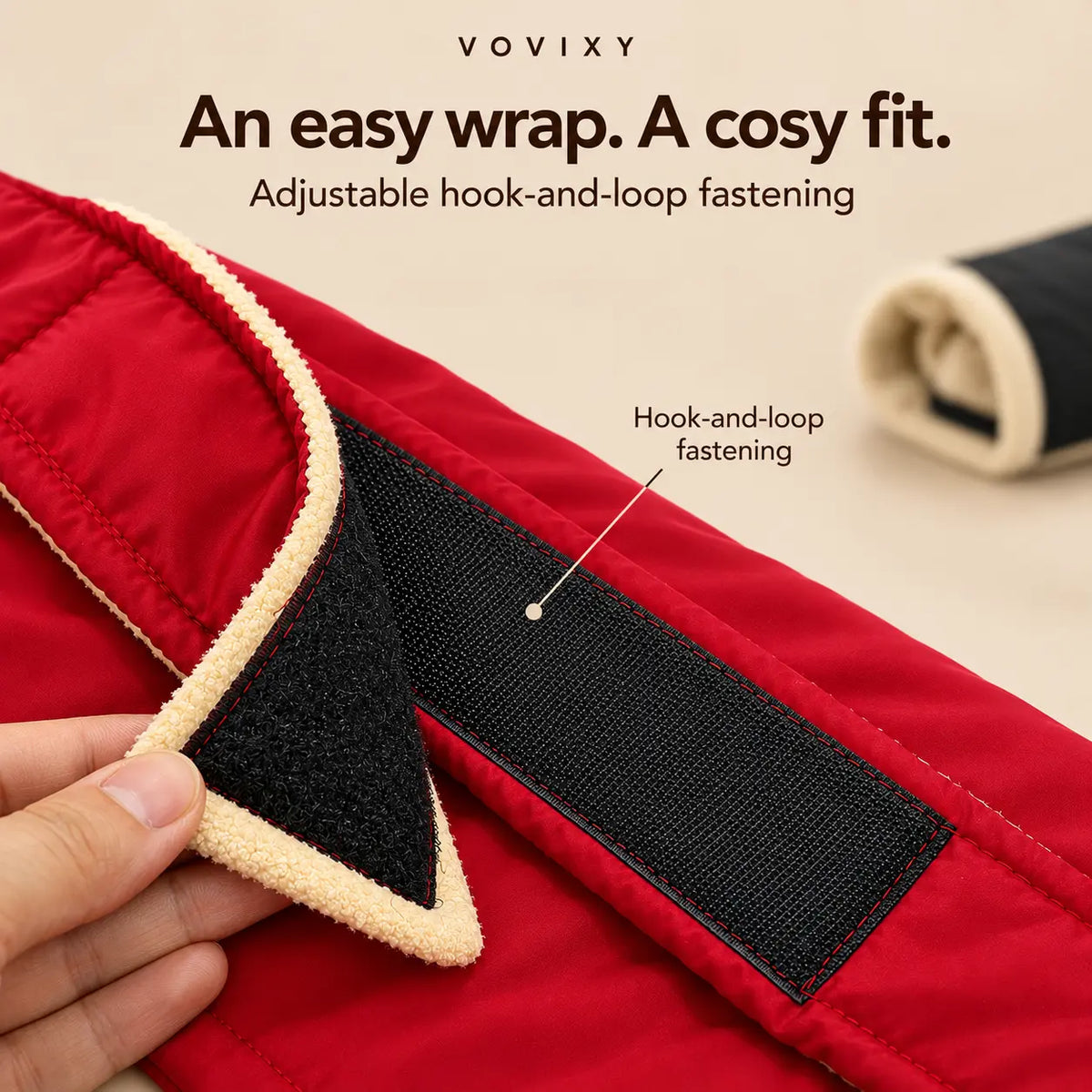 Close-up of a crimson red dog coat with adjustable hook-and-loop wrap fastening