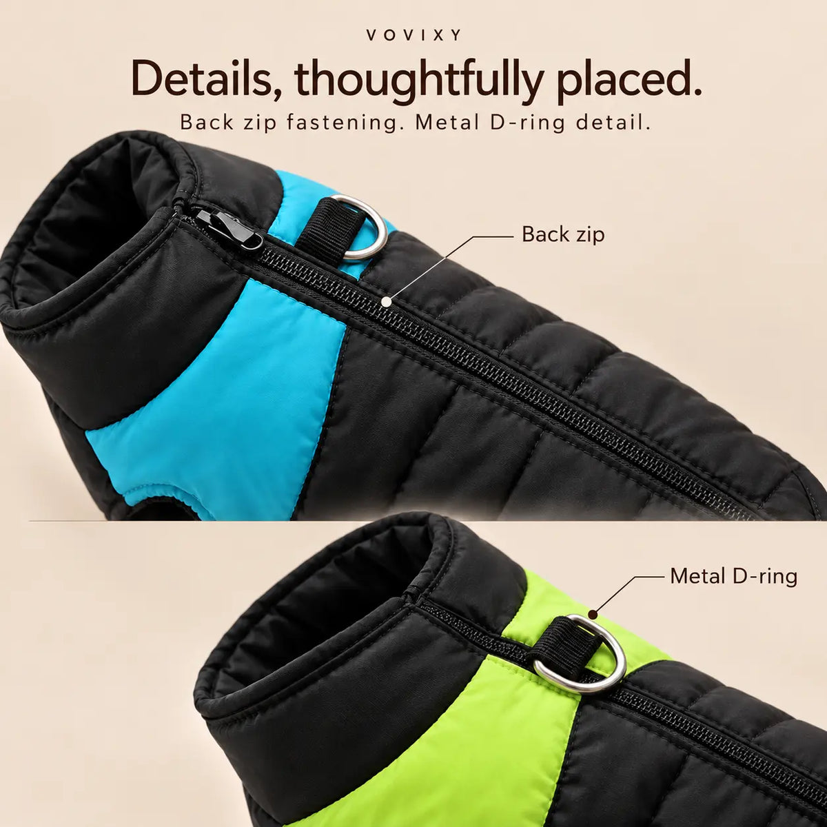 Close-up of the back zip and metal D-ring on the blue and green quilted dog vests