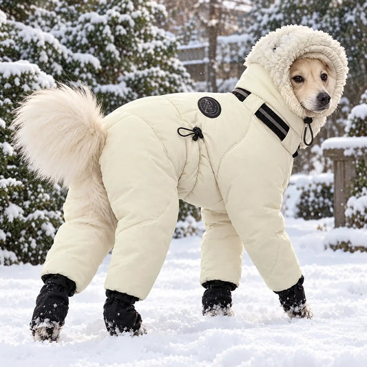 Fluffy large dog wearing an ivory cream hooded four-leg winter coat in the snow