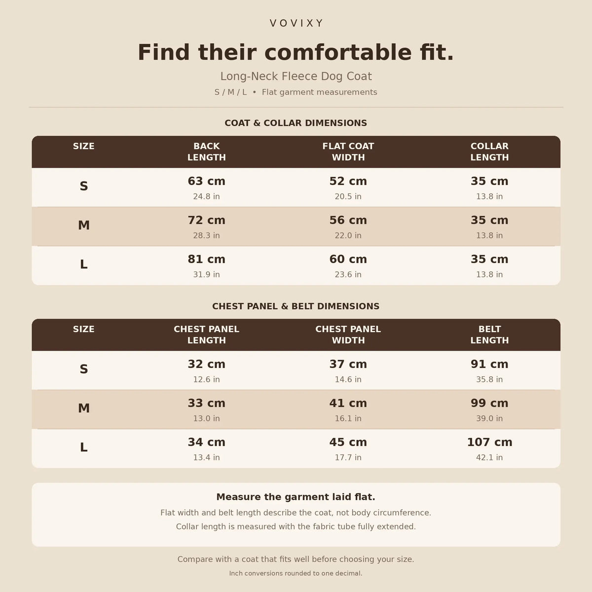 Garment size chart for S, M and L long neck fleece lined dog coats, including coat, collar, chest panel and belt dimensions