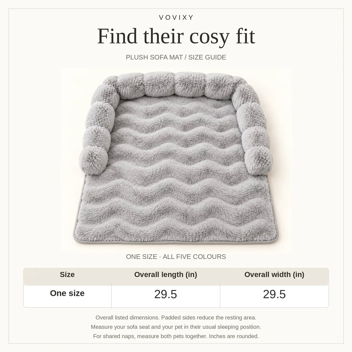 One-size plush dog sofa mat guide showing overall length and width of 29.5 inches