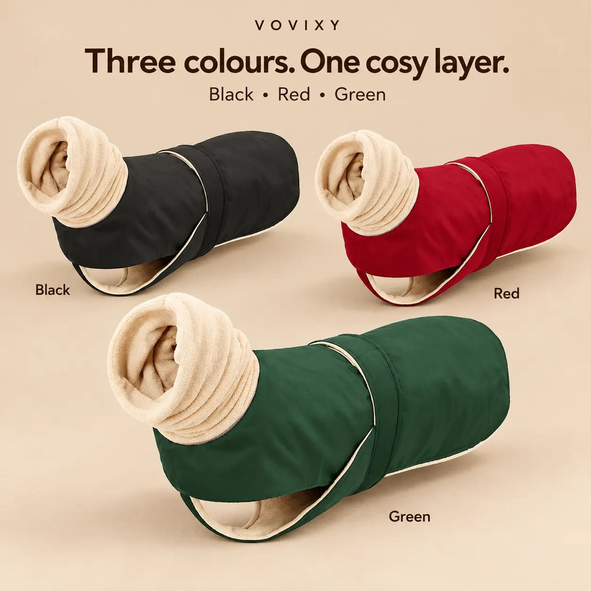 Long neck fleece lined dog coats in Classic Black, Crimson Red and Forest Green