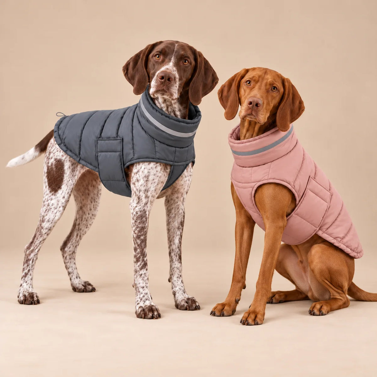 German Shorthaired Pointer in a grey padded coat beside a Hungarian Vizsla wearing the pink colour