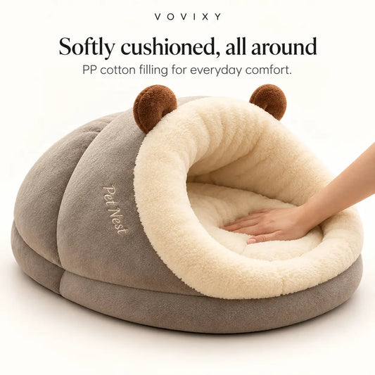 Warm Taupe slipper pet bed showing the softly padded resting area and cream plush lining