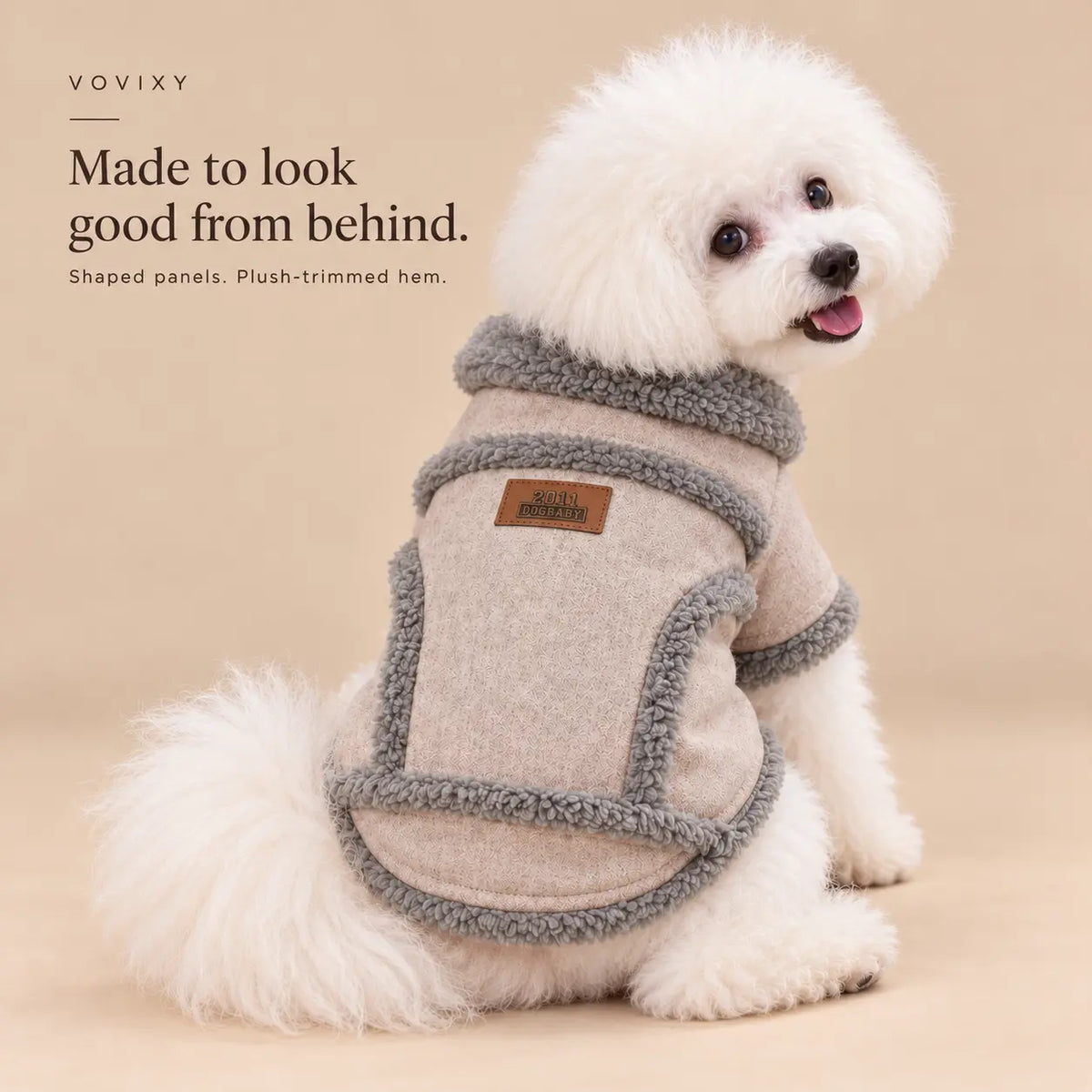 White Bichon wearing a Light Brown dog coat with grey trim, showing the shaped back