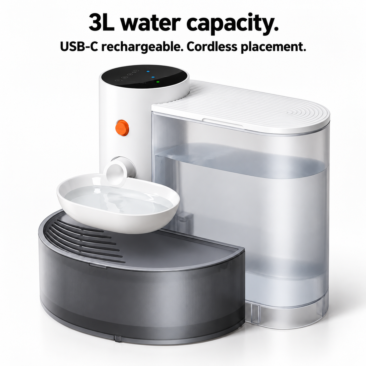 Three litre rechargeable pet water fountain with USB-C charging and cordless placement