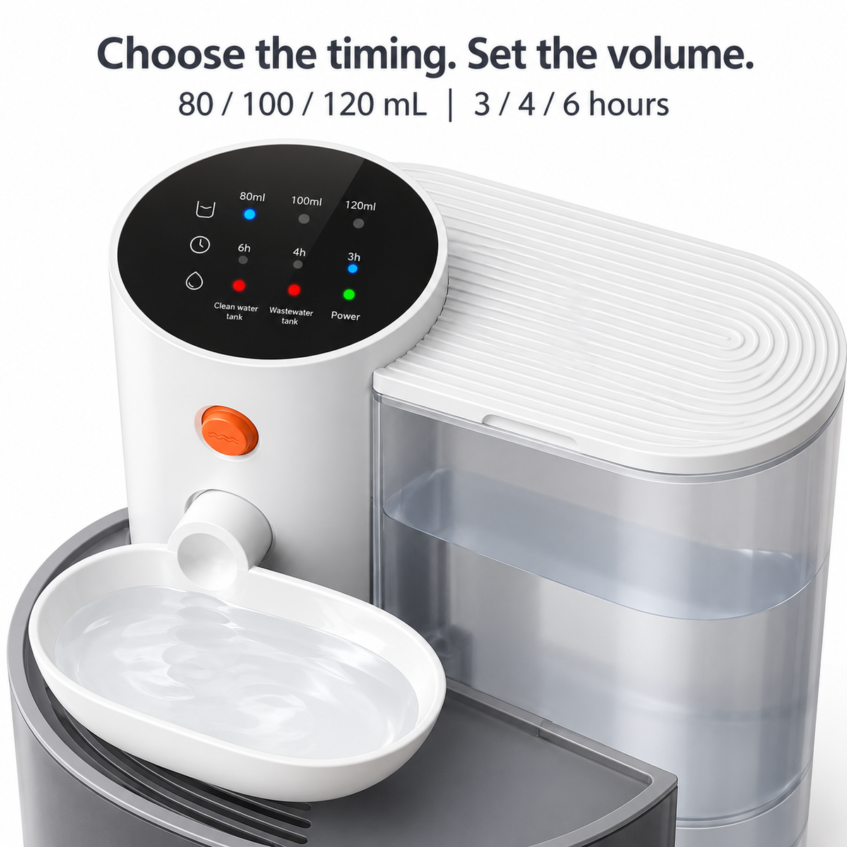 Pet water fountain touch panel with 80, 100 and 120 mL volumes and 3, 4 and 6 hour intervals