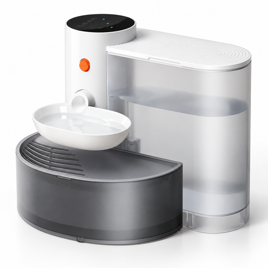 White ABS bowl version of the rechargeable pet water fountain with separate grey water tanks