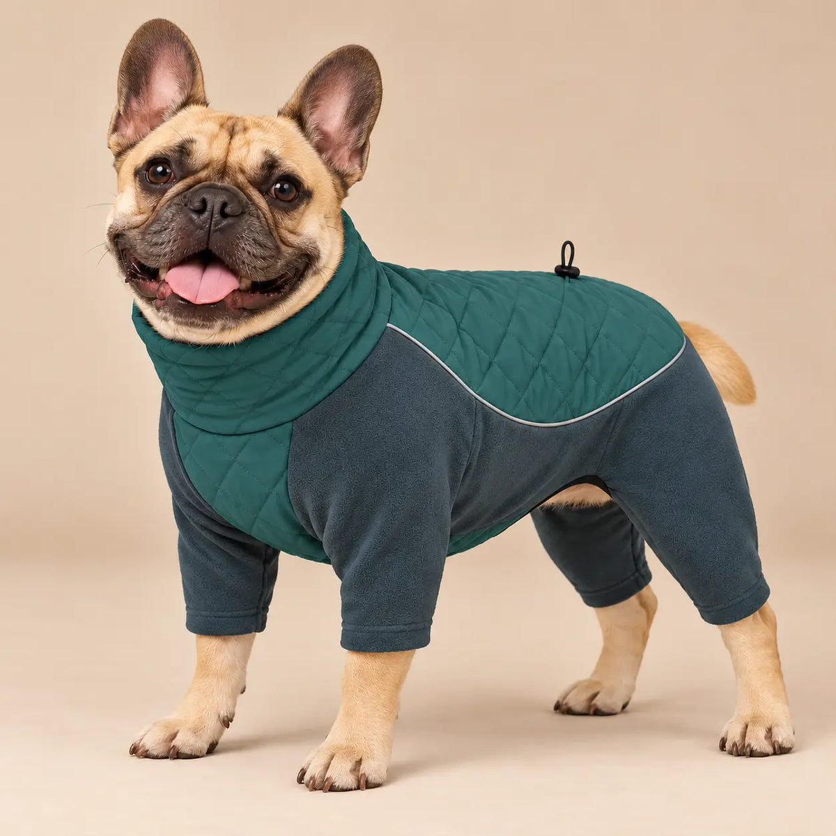 French Bulldog wearing a Deep Teal high neck fleece dog coat with four leg sleeves