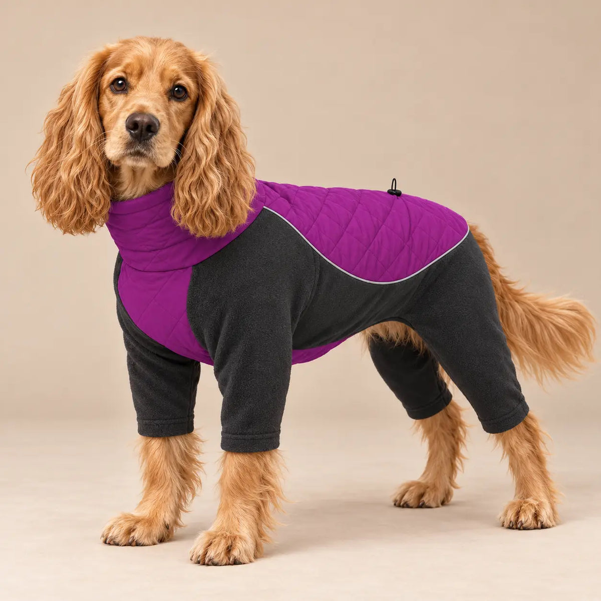 Cocker Spaniel wearing a Magenta high neck fleece dog coat with dark fleece sleeves