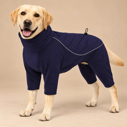 Labrador Retriever wearing a Navy Blue high neck fleece dog coat with four leg sleeves