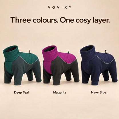 Four leg fleece dog coats in Deep Teal, Magenta and Navy Blue