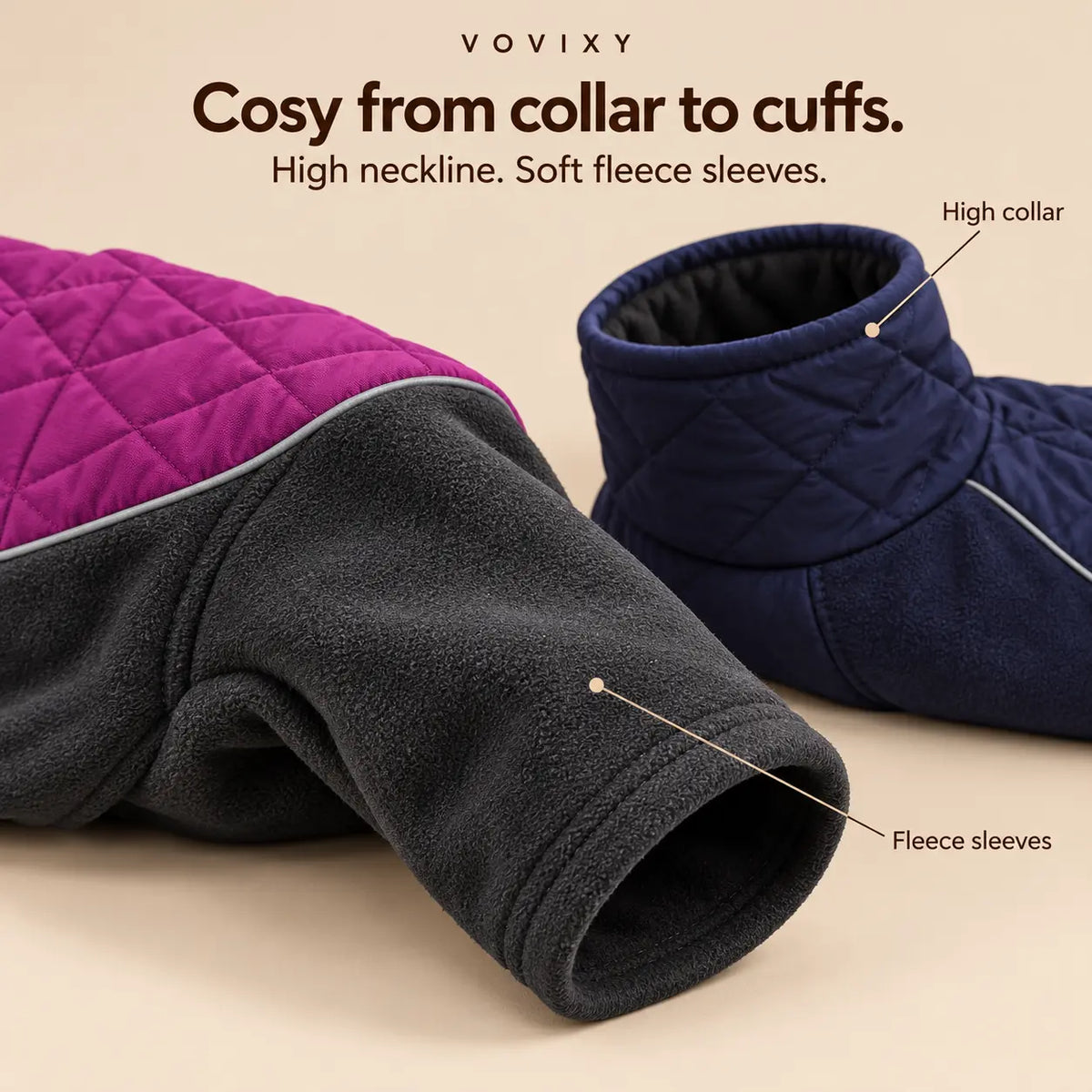 Close-up of the high collar and soft fleece sleeves on a Navy Blue dog coat