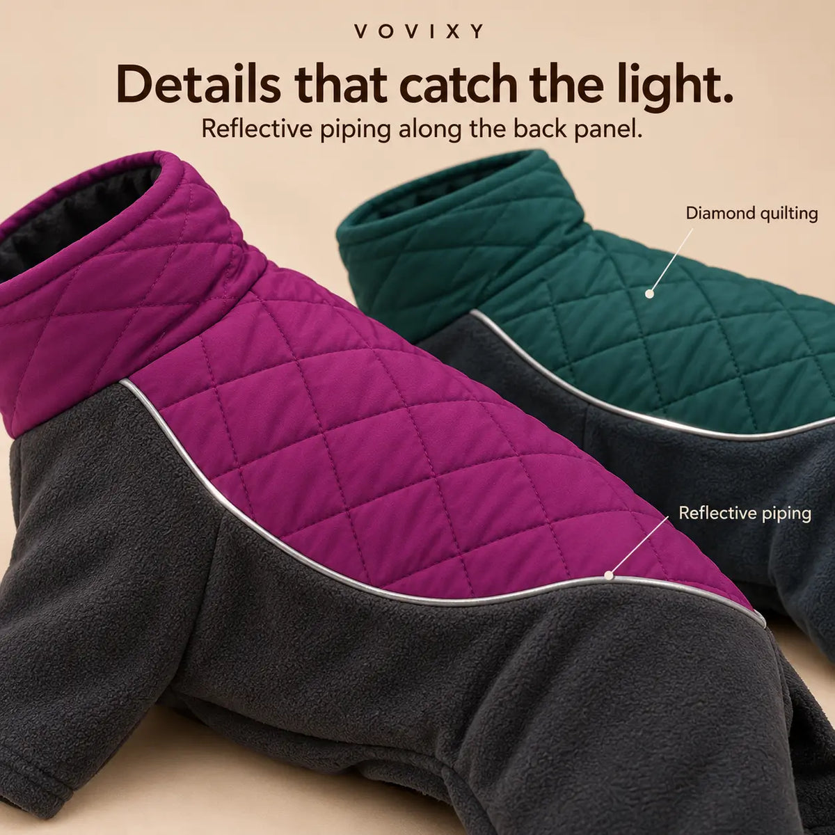 Reflective piping and diamond quilting on Magenta and Deep Teal dog coat back panels