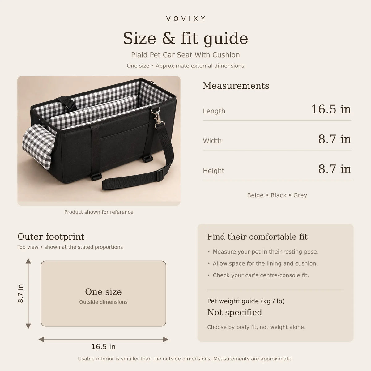 One-size plaid pet car seat guide showing approximate outside dimensions of 16.5 by 8.7 by 8.7 inches