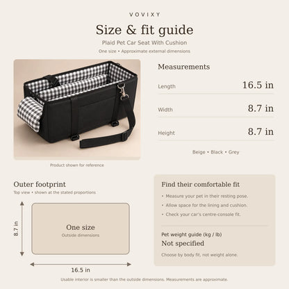 One-size plaid pet car seat guide showing approximate outside dimensions of 16.5 by 8.7 by 8.7 inches