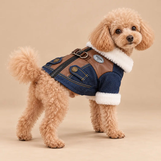 Apricot Poodle wearing a deep indigo denim pet jacket with brown panels, a white plush collar and cuffs