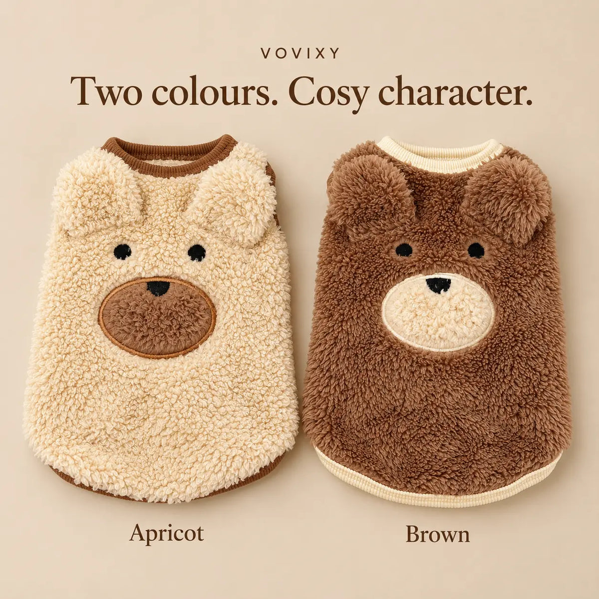 Apricot and Brown teddy fleece dog vests shown together with bear face details and contrasting trims