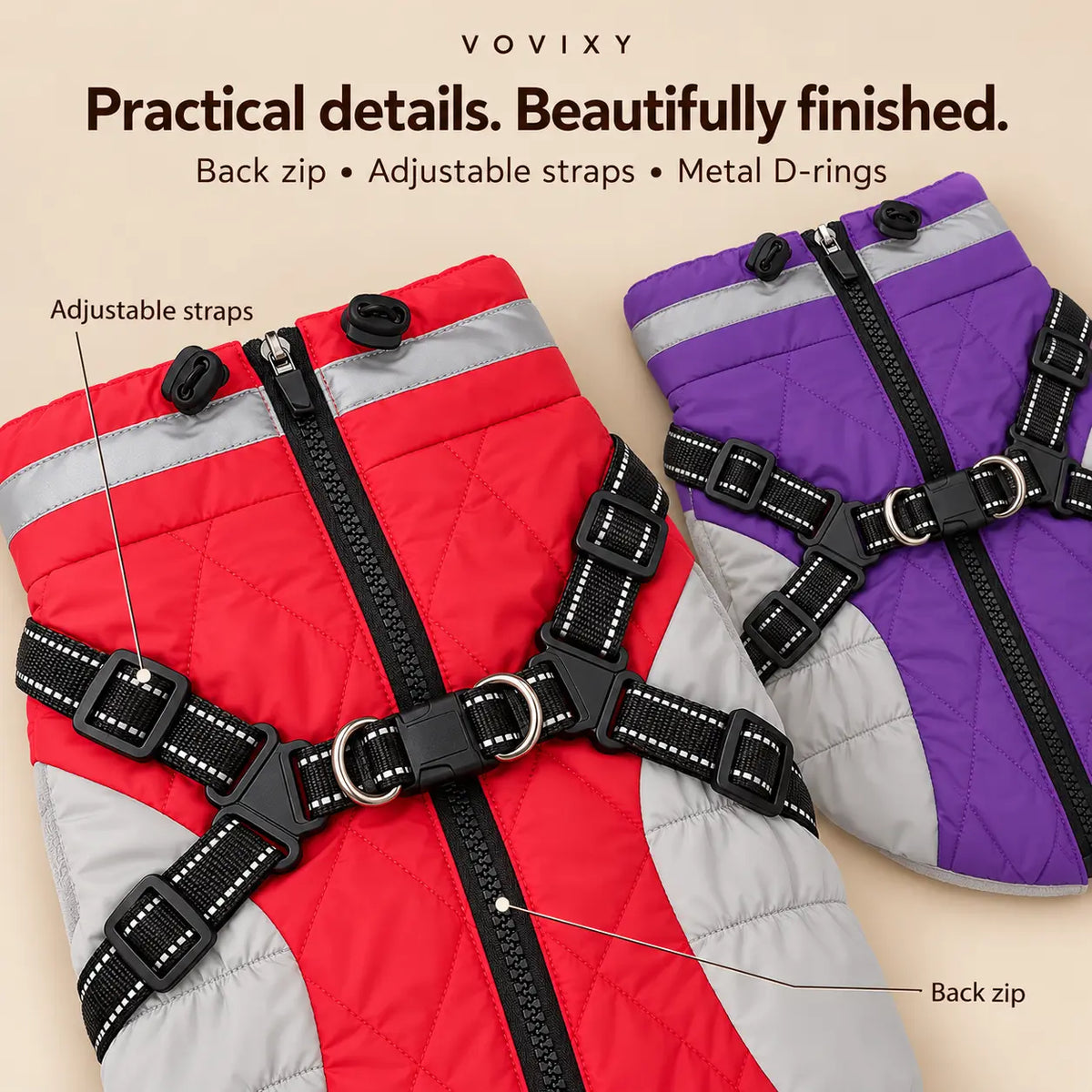 Red and purple dog jackets showing the back zip, adjustable harness straps and paired metal D-rings