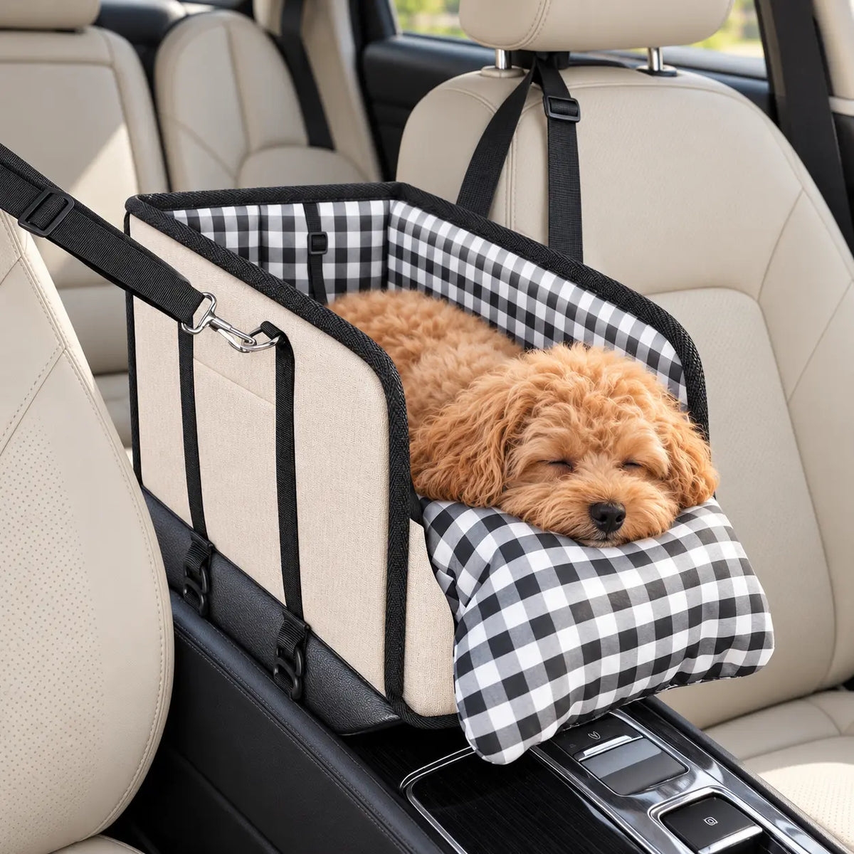 Small apricot dog resting in the beige console pet car seat with black-and-white plaid lining