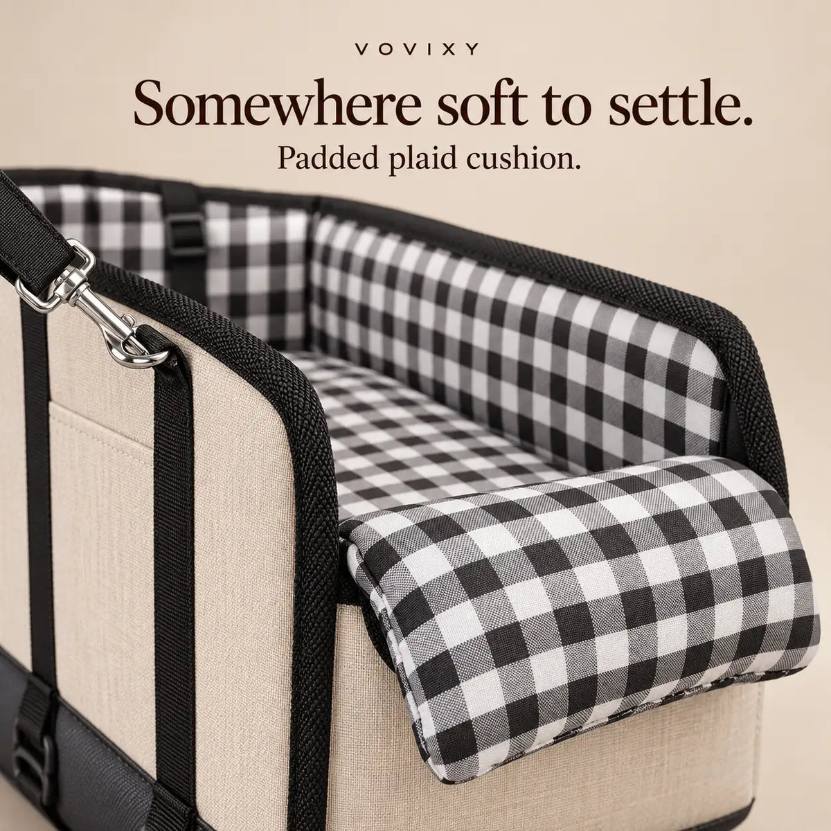 Beige pet car seat with a black-and-white plaid front cushion and matching checked lining