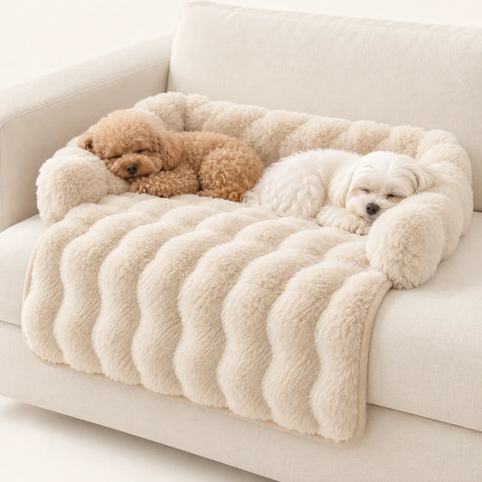 Two small dogs sleeping on a Beige plush dog sofa mat with raised bolster edges and a draped front panel