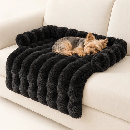 Yorkshire Terrier resting on a Black plush dog sofa mat with a draped front panel