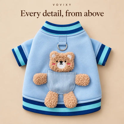 Flat lay of the Blue Bear cotton dog sweatshirt showing the back, teddy bear appliqué and blue striped trims