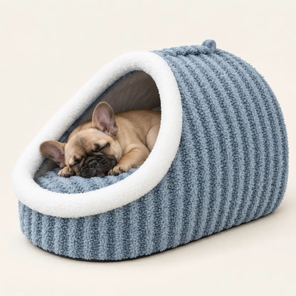 Blue Macaron cat and dog cave bed with a sleeping French Bulldog puppy