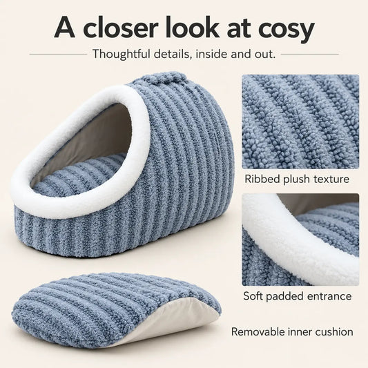 Blue Macaron pet cave bed showing ribbed fabric, soft entrance trim and removable cushion