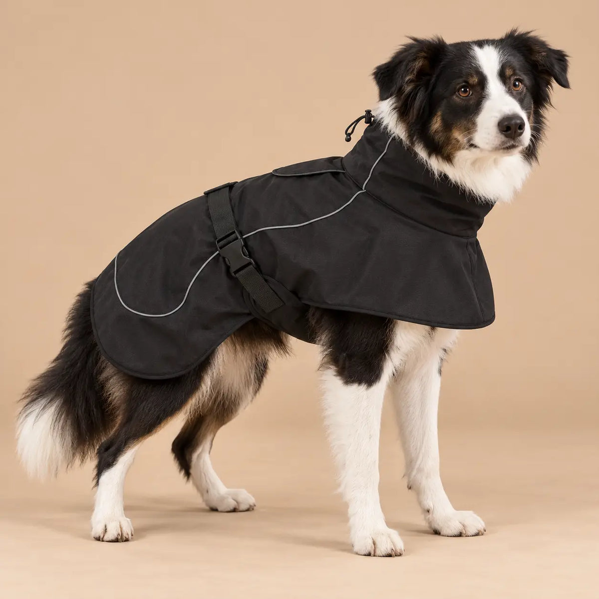 Border Collie wearing the Black reflective fleece-lined dog windbreaker