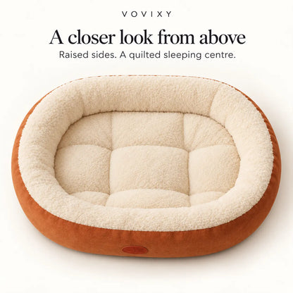 Overhead view of the Caramel Brown bolster pet bed and its cream quilted sleeping centre