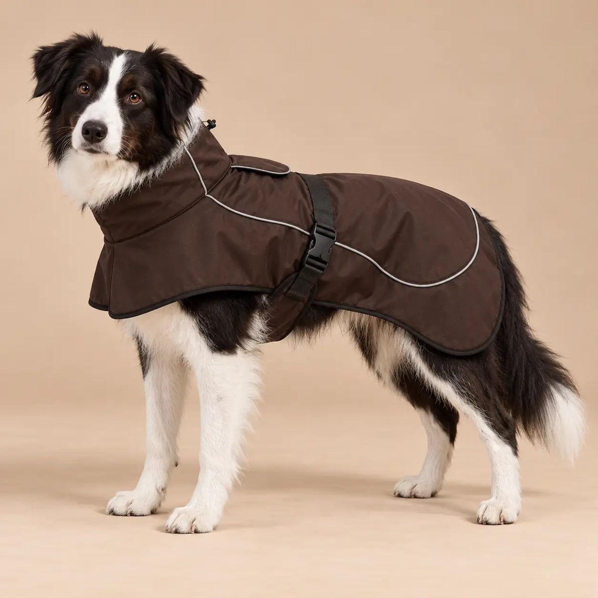 Border Collie wearing the Chocolate Brown fleece-lined dog windbreaker