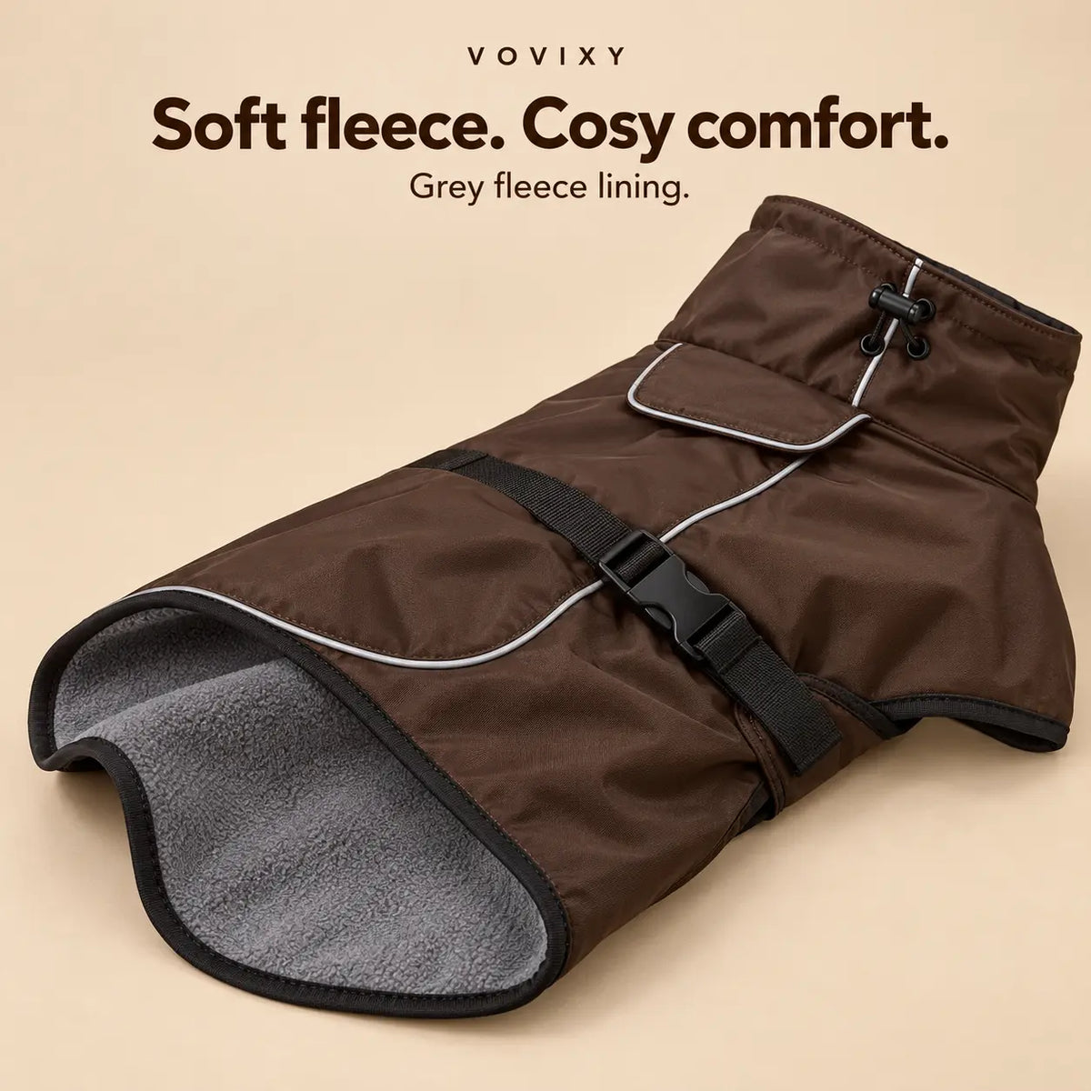 Chocolate Brown dog windbreaker opened to show its soft grey fleece lining