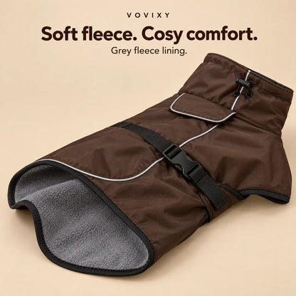 Chocolate Brown dog windbreaker opened to show its soft grey fleece lining