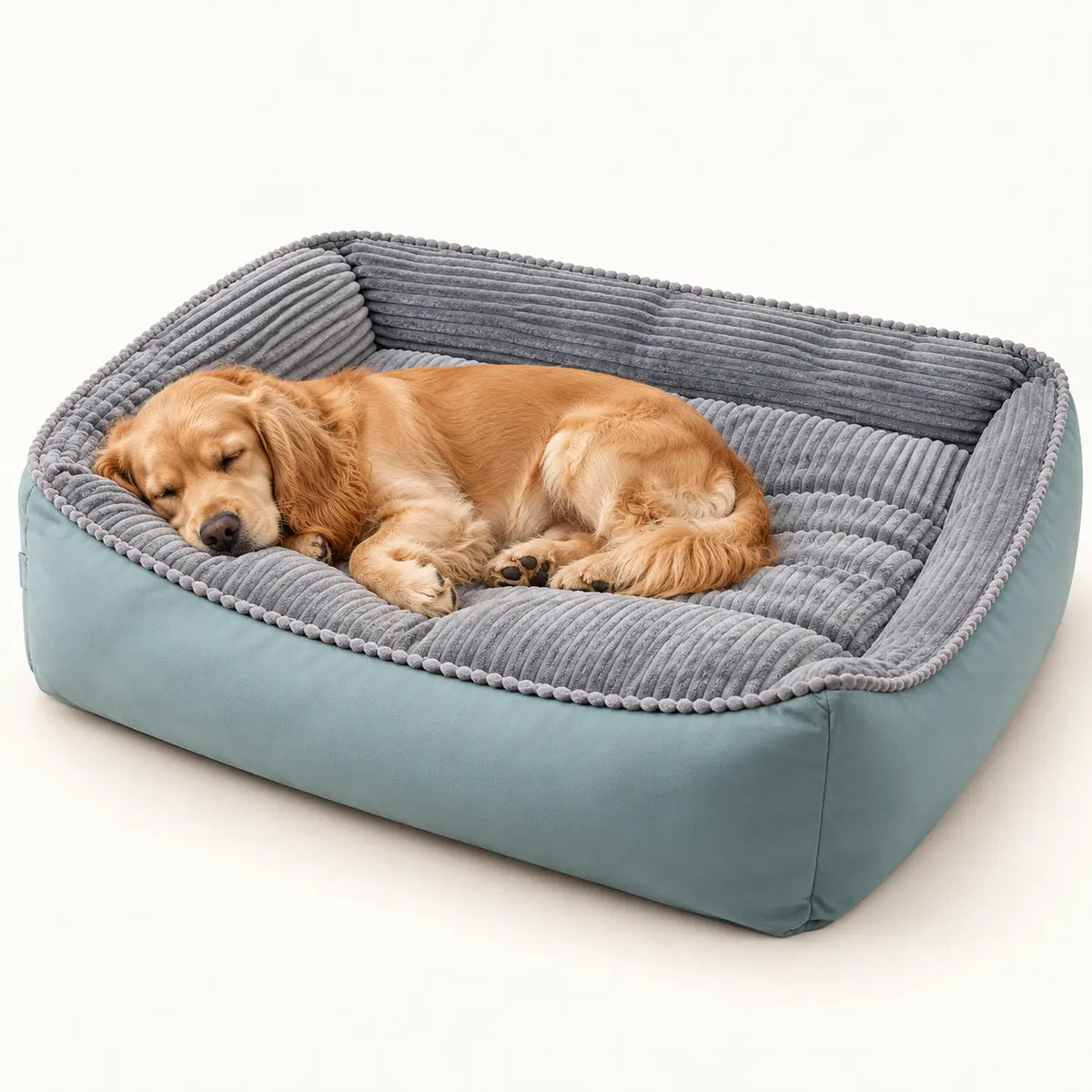 Golden Cocker Spaniel resting in a seafoam dog sofa bed with grey ribbed velvet and raised sides