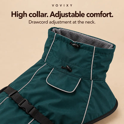 Deep Teal dog windbreaker showing the fleece-lined high collar and drawcord adjusters